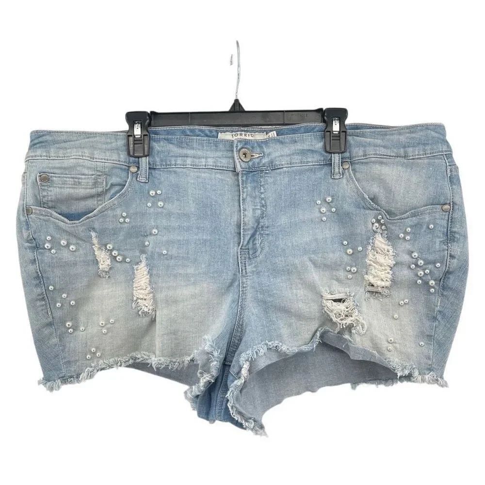 Torrid Plus Size 24 Embellished Cutoff Denim Shorts Faux Pearls Distressed